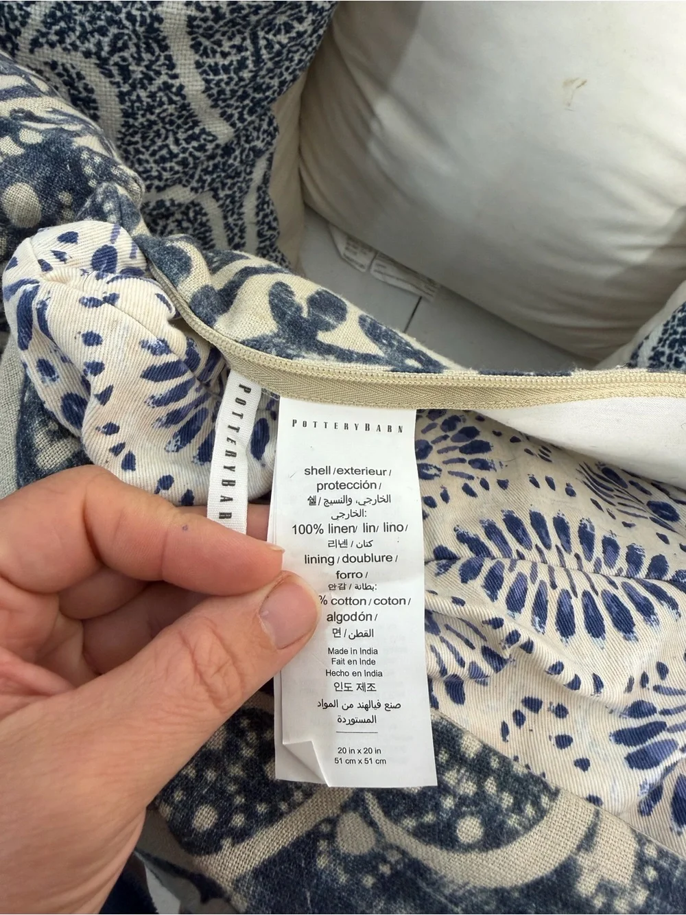 Pottery Barn Pillow 20x20 Blue Floral Cotton Linen Feather Blend Boho Set Lot 5